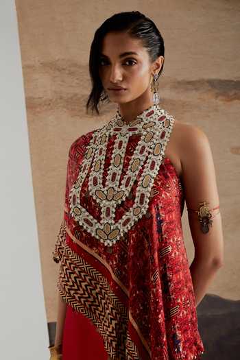 Buy Aseem Kapoor Red Twill, Satin One Shoulder Rasa Top And Straight Skirt Set Buy_Aseem Kapoor_Red Twill, Satin One Shoulder Rasa Top And Straight Skirt Set