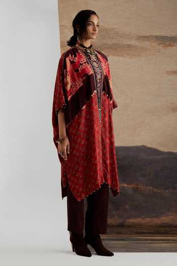 Shop Aseem Kapoor Red Crepe, Twill Miraat Printed Tunic And Bandhani Trouser Set Online at Aza Fashions Shop_Aseem Kapoor_Red Crepe, Twill Miraat Printed Tunic And Bandhani Trouser Set _Online_at_Aza_Fashions