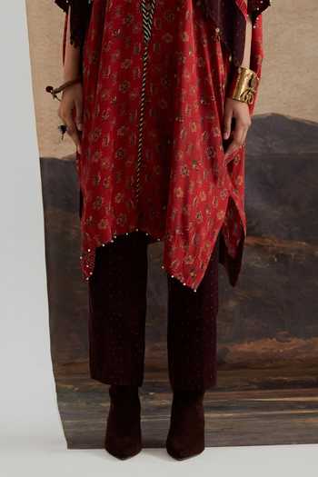 Aseem Kapoor Red Crepe, Twill Miraat Printed Tunic And Bandhani Trouser Set at Aza Fashions Aseem Kapoor_Red Crepe, Twill Miraat Printed Tunic And Bandhani Trouser Set _at_Aza_Fashions