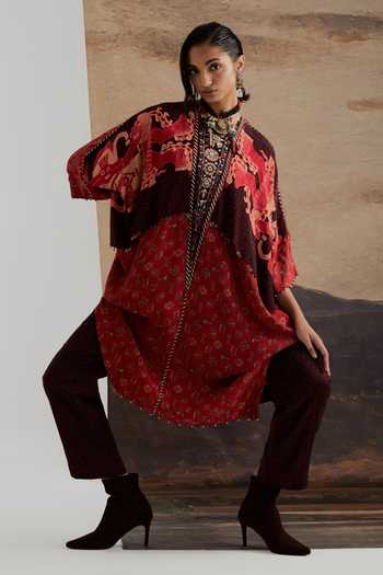 Buy Aseem Kapoor Red Crepe, Twill Miraat Printed Tunic And Bandhani Trouser Set Buy_Aseem Kapoor_Red Crepe, Twill Miraat Printed Tunic And Bandhani Trouser Set