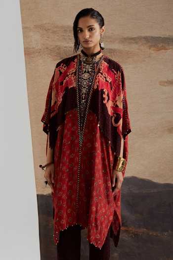 Shop Aseem Kapoor Red Crepe, Twill Miraat Printed Tunic And Bandhani Trouser Set Shop_Aseem Kapoor_Red Crepe, Twill Miraat Printed Tunic And Bandhani Trouser Set