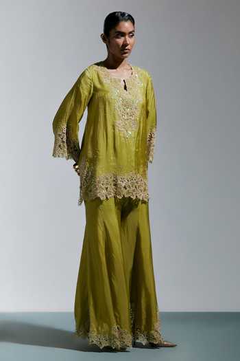One Not Two_Green Silk Split V-neck Henna Embroidered Kurta And Sharara Set _Online_at_Aza_Fashions