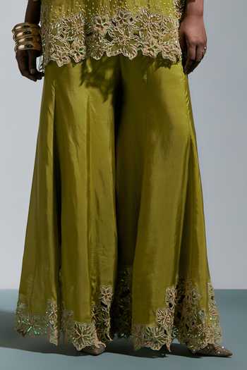 Buy_One Not Two_Green Silk Split V-neck Henna Embroidered Kurta And Sharara Set _Online_at_Aza_Fashions
