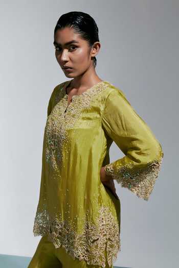 Shop_One Not Two_Green Silk Split V-neck Henna Embroidered Kurta And Sharara Set _Online_at_Aza_Fashions