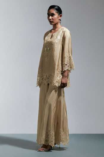 Buy_One Not Two_Grey Silk V-neck Embroidered Kurta And Sharara Set _Online_at_Aza_Fashions