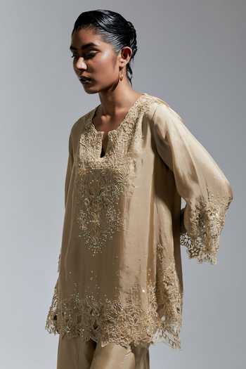 Shop_One Not Two_Grey Silk V-neck Embroidered Kurta And Sharara Set _Online_at_Aza_Fashions
