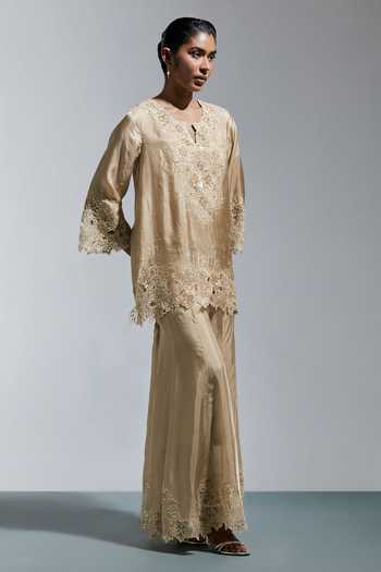 One Not Two_Grey Silk V-neck Embroidered Kurta And Sharara Set _at_Aza_Fashions