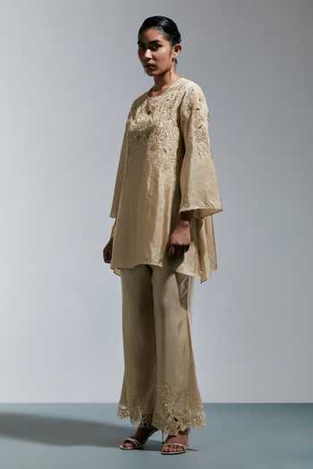 One Not Two_Ivory Silk Round Neck Floral Embroidered Kurta And Pant Set _Online_at_Aza_Fashions