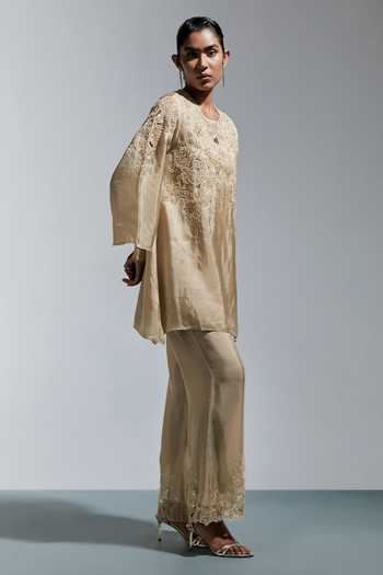 Buy_One Not Two_Ivory Silk Round Neck Floral Embroidered Kurta And Pant Set _Online_at_Aza_Fashions