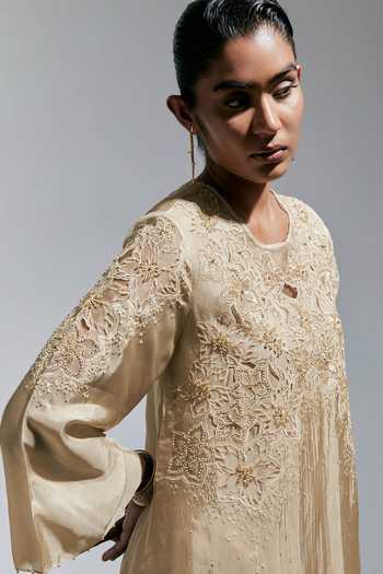 One Not Two_Ivory Silk Round Neck Floral Embroidered Kurta And Pant Set _at_Aza_Fashions