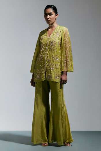 One Not Two_Green Silk V-neck, Yes Hand Embroidered Kurta And Palazzo Set _Online_at_Aza_Fashions
