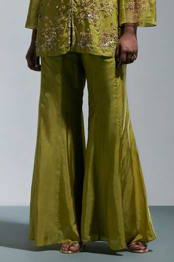Buy_One Not Two_Green Silk V-neck, Yes Hand Embroidered Kurta And Palazzo Set _Online_at_Aza_Fashions