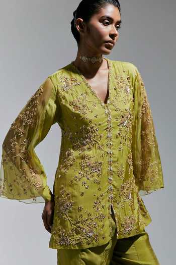 Shop_One Not Two_Green Silk V-neck, Yes Hand Embroidered Kurta And Palazzo Set _Online_at_Aza_Fashions