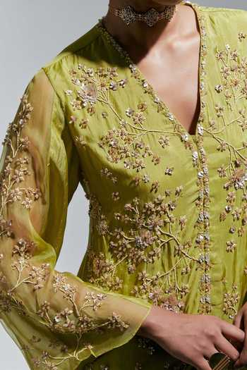 One Not Two_Green Silk V-neck, Yes Hand Embroidered Kurta And Palazzo Set _at_Aza_Fashions