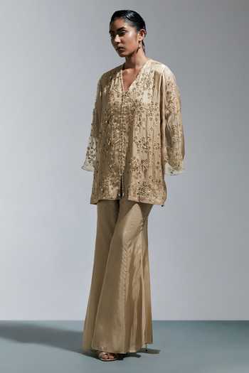 One Not Two_Grey Silk V-neck Embroidered Kurta With Sharara _Online_at_Aza_Fashions