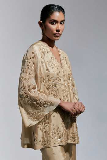 Shop_One Not Two_Grey Silk V-neck Embroidered Kurta With Sharara _Online_at_Aza_Fashions