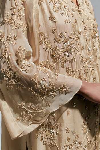 One Not Two_Grey Silk V-neck Embroidered Kurta With Sharara _at_Aza_Fashions