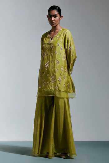 One Not Two Green Silk Split V-neck, Yes Hand Embroidered Kurta And Sharara Set Online at Aza Fashions One Not Two_Green Silk Split V-neck, Yes Hand Embroidered Kurta And Sharara Set _Online_at_Aza_Fashions