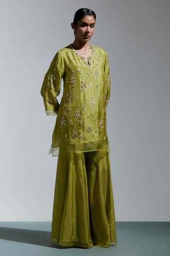 Buy One Not Two Green Silk Split V-neck, Yes Hand Embroidered Kurta And Sharara Set Online at Aza Fashions Buy_One Not Two_Green Silk Split V-neck, Yes Hand Embroidered Kurta And Sharara Set _Online_at_Aza_Fashions