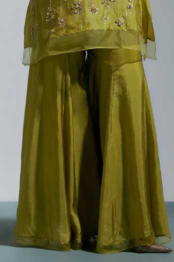 One Not Two Green Silk Split V-neck, Yes Hand Embroidered Kurta And Sharara Set at Aza Fashions One Not Two_Green Silk Split V-neck, Yes Hand Embroidered Kurta And Sharara Set _at_Aza_Fashions