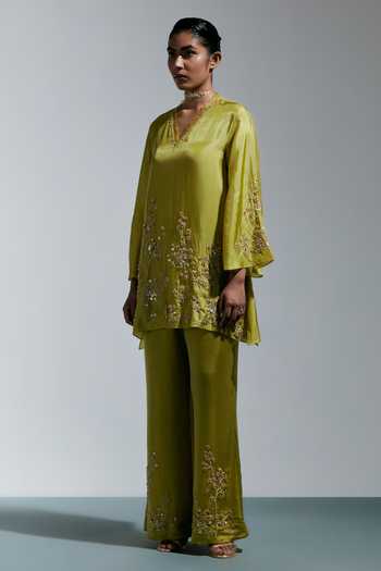 One Not Two_Green Silk V-neck, Yes Floral Embroidered Kurta And Sharara Set _Online_at_Aza_Fashions