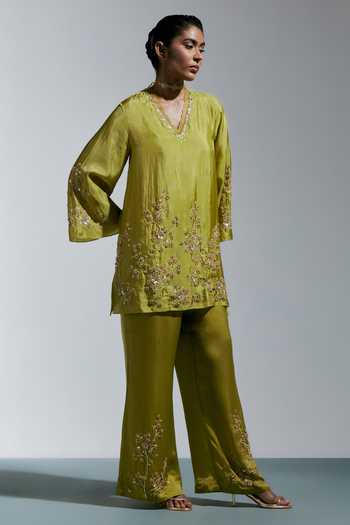 Buy_One Not Two_Green Silk V-neck, Yes Floral Embroidered Kurta And Sharara Set _Online_at_Aza_Fashions