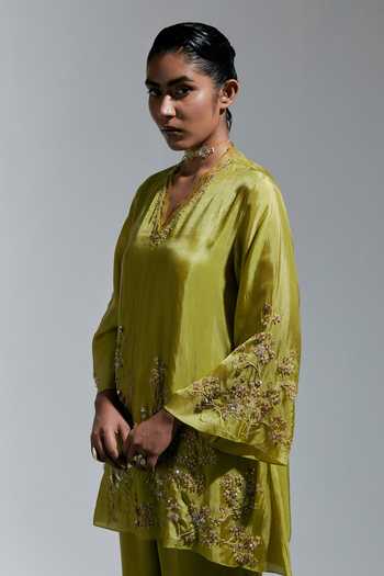 Shop_One Not Two_Green Silk V-neck, Yes Floral Embroidered Kurta And Sharara Set _Online_at_Aza_Fashions