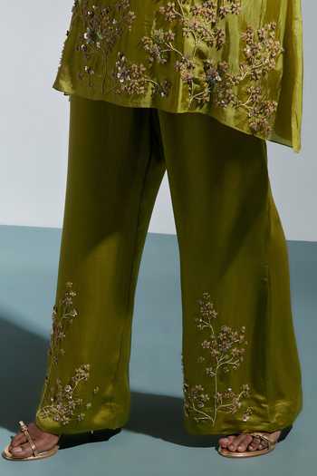 One Not Two_Green Silk V-neck, Yes Floral Embroidered Kurta And Sharara Set _at_Aza_Fashions