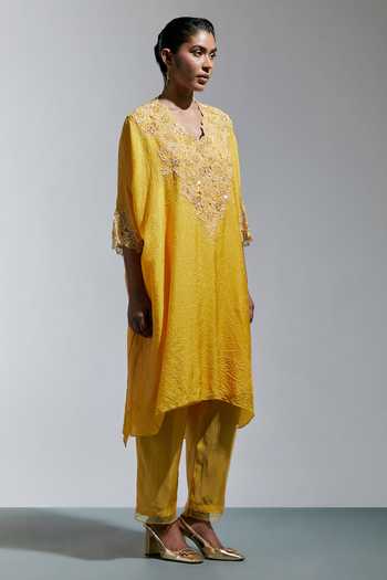 One Not Two_Yellow Silk, Cotton V-neck Embroidered Kaftan And Pant Set _Online_at_Aza_Fashions
