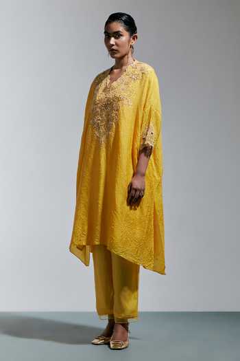 Buy_One Not Two_Yellow Silk, Cotton V-neck Embroidered Kaftan And Pant Set _Online_at_Aza_Fashions