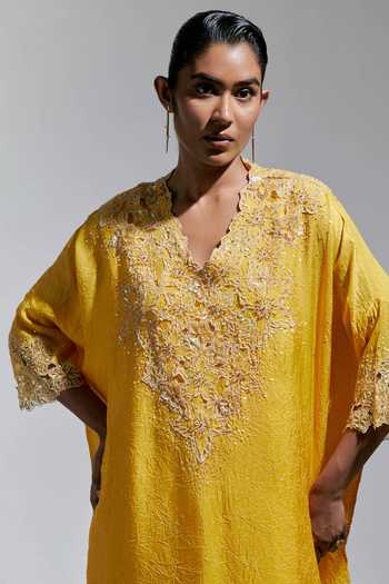 One Not Two_Yellow Silk, Cotton V-neck Embroidered Kaftan And Pant Set _at_Aza_Fashions