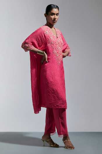 One Not Two_Pink Silk, Cotton V-neck Neckline Embroidered Kaftan And Pant Set _Online_at_Aza_Fashions