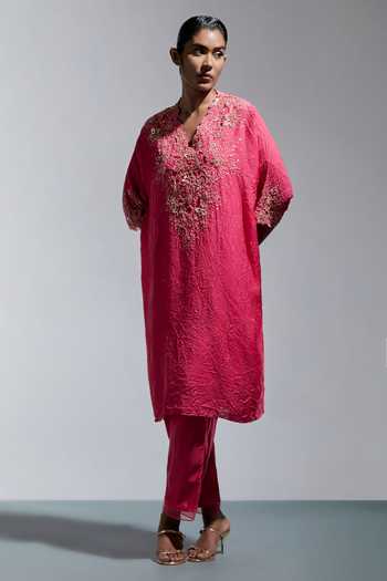 Buy_One Not Two_Pink Silk, Cotton V-neck Neckline Embroidered Kaftan And Pant Set _Online_at_Aza_Fashions