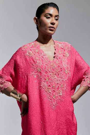 Shop_One Not Two_Pink Silk, Cotton V-neck Neckline Embroidered Kaftan And Pant Set _Online_at_Aza_Fashions