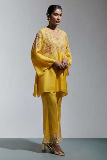 One Not Two Yellow Silk Round Neck, Yes Embroidered Kurta And Pant Set Online at Aza Fashions One Not Two_Yellow Silk Round Neck, Yes Embroidered Kurta And Pant Set _Online_at_Aza_Fashions