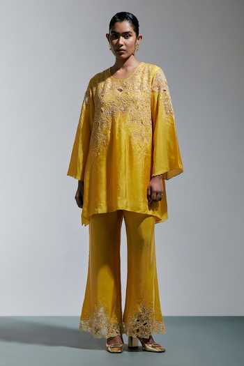 Buy One Not Two Yellow Silk Round Neck, Yes Embroidered Kurta And Pant Set Online at Aza Fashions Buy_One Not Two_Yellow Silk Round Neck, Yes Embroidered Kurta And Pant Set _Online_at_Aza_Fashions