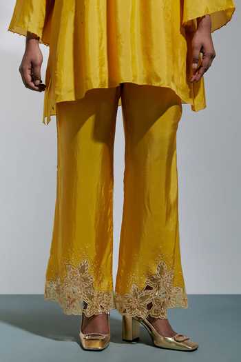 Shop One Not Two Yellow Silk Round Neck, Yes Embroidered Kurta And Pant Set Online at Aza Fashions Shop_One Not Two_Yellow Silk Round Neck, Yes Embroidered Kurta And Pant Set _Online_at_Aza_Fashions