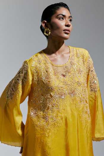 One Not Two Yellow Silk Round Neck, Yes Embroidered Kurta And Pant Set at Aza Fashions One Not Two_Yellow Silk Round Neck, Yes Embroidered Kurta And Pant Set _at_Aza_Fashions