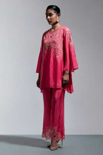 One Not Two Pink Silk Round Neck, Yes Embroidered Straight Kurta And Pant Set Online at Aza Fashions One Not Two_Pink Silk Round Neck, Yes Embroidered Straight Kurta And Pant Set _Online_at_Aza_Fashions