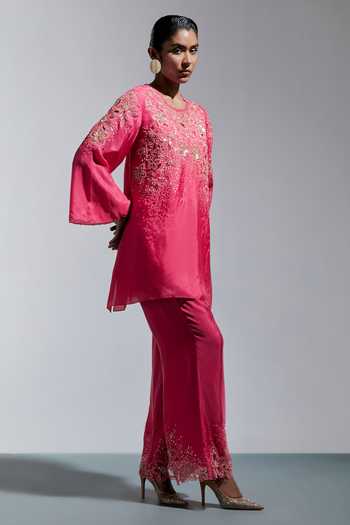 Buy One Not Two Pink Silk Round Neck, Yes Embroidered Straight Kurta And Pant Set Online at Aza Fashions Buy_One Not Two_Pink Silk Round Neck, Yes Embroidered Straight Kurta And Pant Set _Online_at_Aza_Fashions