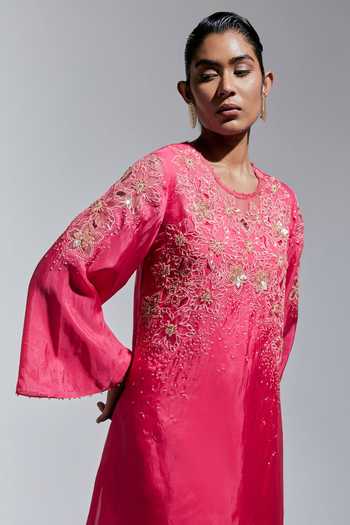 One Not Two Pink Silk Round Neck, Yes Embroidered Straight Kurta And Pant Set at Aza Fashions One Not Two_Pink Silk Round Neck, Yes Embroidered Straight Kurta And Pant Set _at_Aza_Fashions