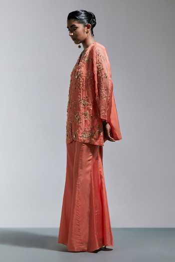 One Not Two Peach Silk V-neck Floral Sequin Work Kurta With Sharara Online at Aza Fashions One Not Two_Peach Silk V-neck Floral Sequin Work Kurta With Sharara _Online_at_Aza_Fashions