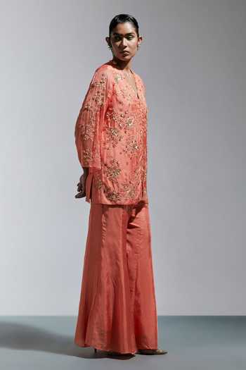 Buy One Not Two Peach Silk V-neck Floral Sequin Work Kurta With Sharara Online at Aza Fashions Buy_One Not Two_Peach Silk V-neck Floral Sequin Work Kurta With Sharara _Online_at_Aza_Fashions
