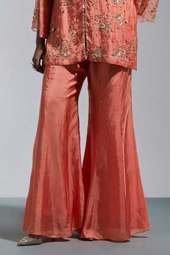 One Not Two Peach Silk V-neck Floral Sequin Work Kurta With Sharara at Aza Fashions One Not Two_Peach Silk V-neck Floral Sequin Work Kurta With Sharara _at_Aza_Fashions
