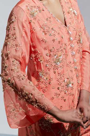 Buy One Not Two Peach Silk V-neck Floral Sequin Work Kurta With Sharara Buy_One Not Two_Peach Silk V-neck Floral Sequin Work Kurta With Sharara