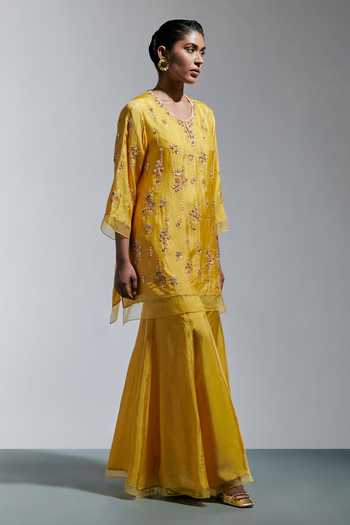 One Not Two Yellow Silk Split V-neck Scattered Floral Embroidered Kurta With Sharara Online at Aza Fashions One Not Two_Yellow Silk Split V-neck Scattered Floral Embroidered Kurta With Sharara _Online_at_Aza_Fashions