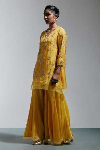 Buy One Not Two Yellow Silk Split V-neck Scattered Floral Embroidered Kurta With Sharara Online at Aza Fashions Buy_One Not Two_Yellow Silk Split V-neck Scattered Floral Embroidered Kurta With Sharara _Online_at_Aza_Fashions