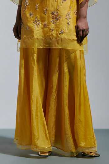Shop One Not Two Yellow Silk Split V-neck Scattered Floral Embroidered Kurta With Sharara Online at Aza Fashions Shop_One Not Two_Yellow Silk Split V-neck Scattered Floral Embroidered Kurta With Sharara _Online_at_Aza_Fashions