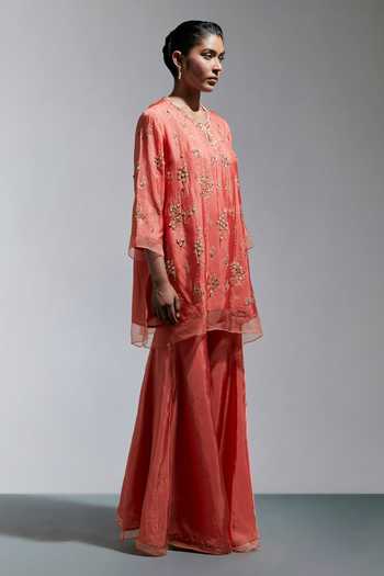 One Not Two Peach Silk Round Neck Hand Embroidered Kurta And Sharara Set Online at Aza Fashions One Not Two_Peach Silk Round Neck Hand Embroidered Kurta And Sharara Set _Online_at_Aza_Fashions