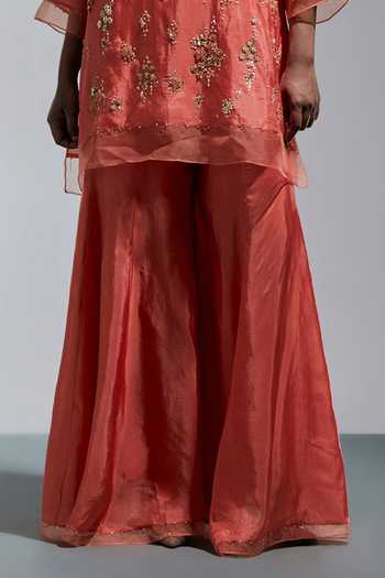 Shop One Not Two Peach Silk Round Neck Hand Embroidered Kurta And Sharara Set Online at Aza Fashions Shop_One Not Two_Peach Silk Round Neck Hand Embroidered Kurta And Sharara Set _Online_at_Aza_Fashions